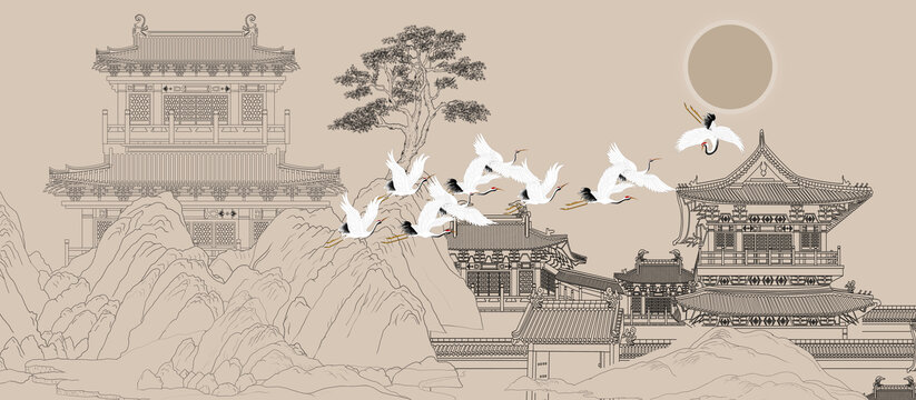 描線樓閣古建筑背景