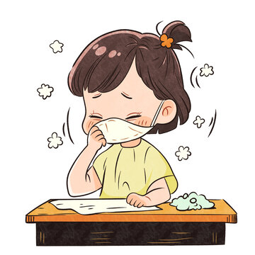 打噴嚏的小女孩感冒卡通圖案