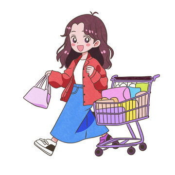 購物逛街的女孩可愛Q版圖案