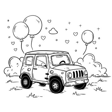 黑白小汽車氣球簡(jiǎn)約線條圖案
