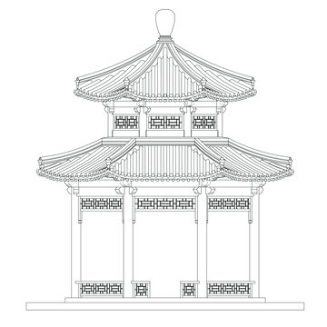 重檐八角亭立面線稿圖