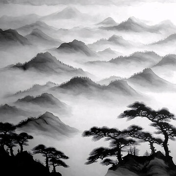 水墨山禪意畫