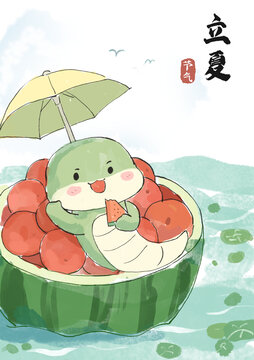 卡通蛇夏天吃西瓜手繪