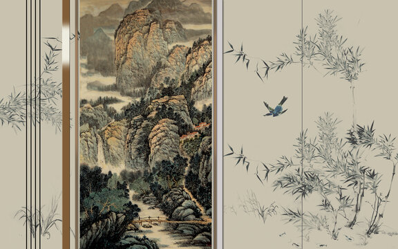 新中式裝飾山水背景墻硬包壁畫
