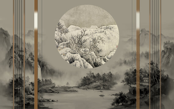 新中式裝飾山水背景墻硬包壁畫