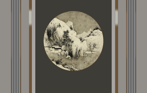 新中式圓形山水背景墻硬包壁畫