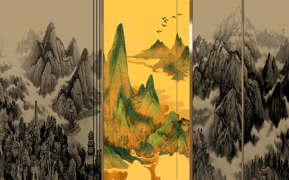 新中式裝飾山水背景墻硬包壁畫
