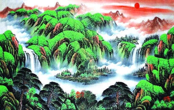中式高清彩墨風水山水裝飾壁畫