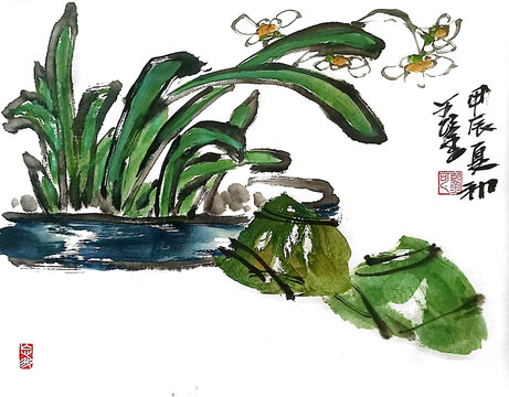 寫意水仙花裝飾畫