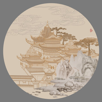 圓形樓閣山水圖