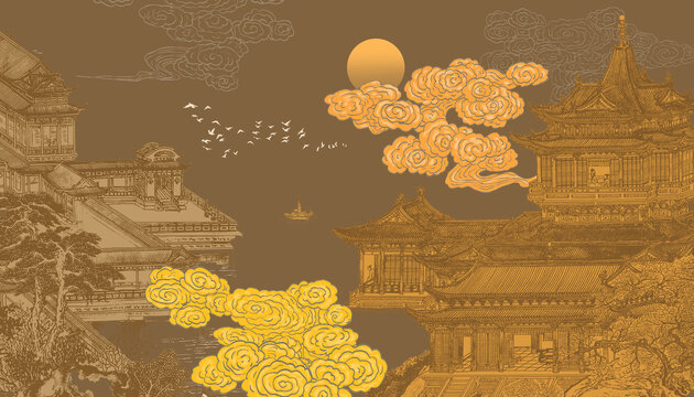 中式樓閣古建筑背景墻