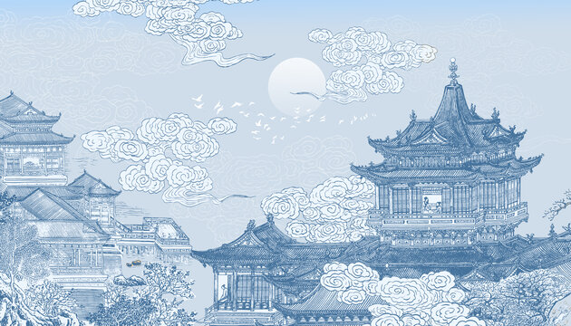 中式閣樓建筑背景壁畫