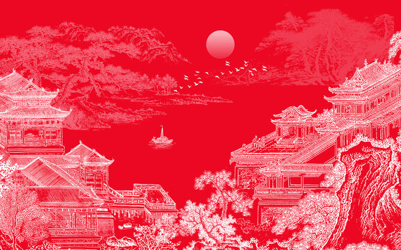 中式山水樓閣刺繡背景墻
