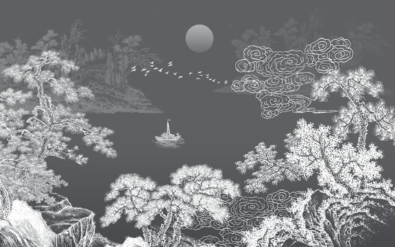 新中式線描山水畫背景