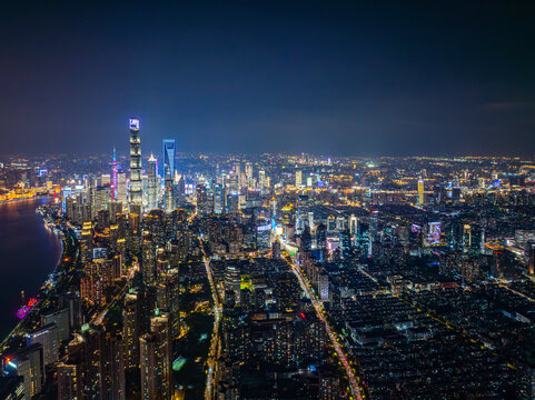 航拍上海外灘黃浦江陸家嘴夜景