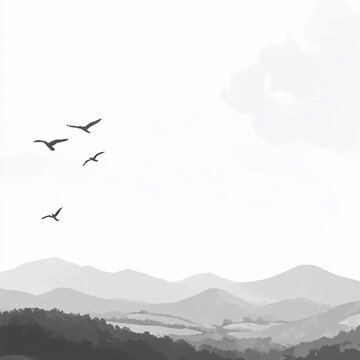 飛鳥水墨山水
