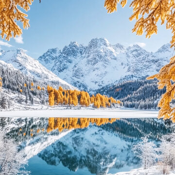 高山湖泊森林雪山黃葉