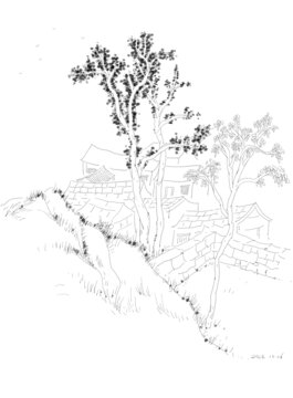 鋼筆寫生山坡村落人家樹茂盛