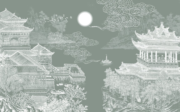 中式刺繡樓閣山水