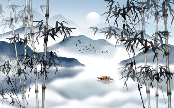 新中式墨竹山水背景