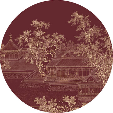 圓形線描山水松樹裝飾畫