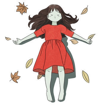 秋天落葉倒地昏迷的紅裙子女孩