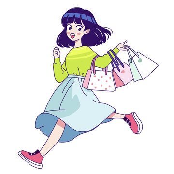 手提購物袋的女孩購物卡通插畫