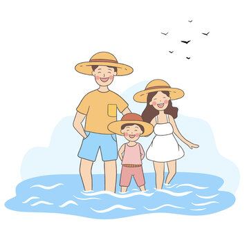 夏日海邊度假全家福人物簡筆畫
