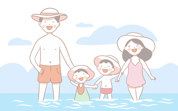 夏日陽光海灘全家福簡筆畫插圖