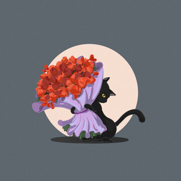 貓貓送花插畫