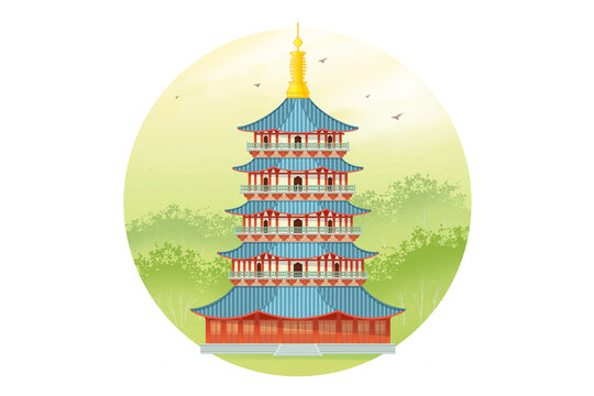 杭州城市風(fēng)光手繪建筑雷峰塔