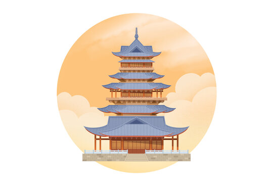 杭州城市風(fēng)光手繪建筑望宸閣