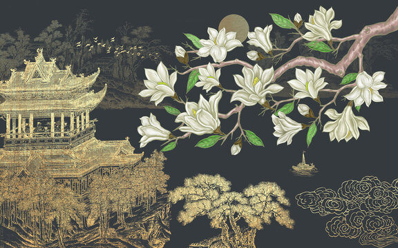 玉蘭花山水樓閣背景墻