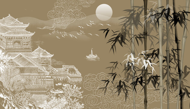 中式墨竹閣樓山水背景