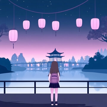 橋上少女背影