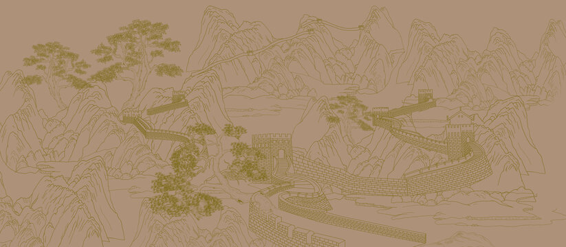 水墨長城線稿
