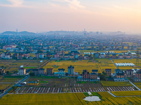 夕陽下的秋天田園鄉村風光