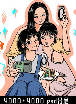 閨蜜合照插畫