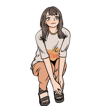 蹲下的少女插畫