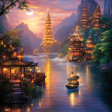 玄幻古鎮(zhèn)夜景