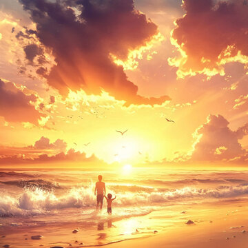 海邊夕陽父子