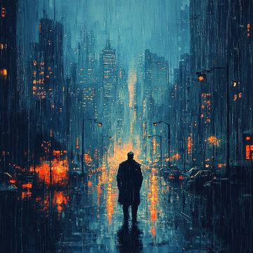 夜晚雨中行走的人