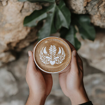 手里的一杯拿鐵咖啡
