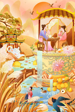 秋日賞秋場景插畫