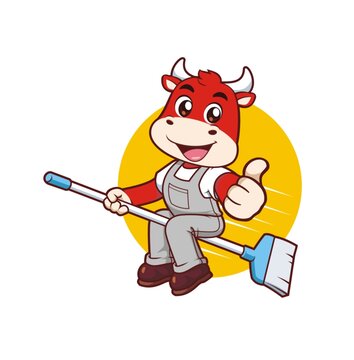 卡通可愛小牛保潔工形象矢量圖
