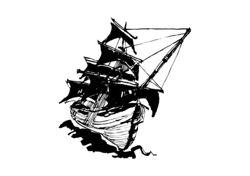 海盜船帆船手繪黑白插畫線稿