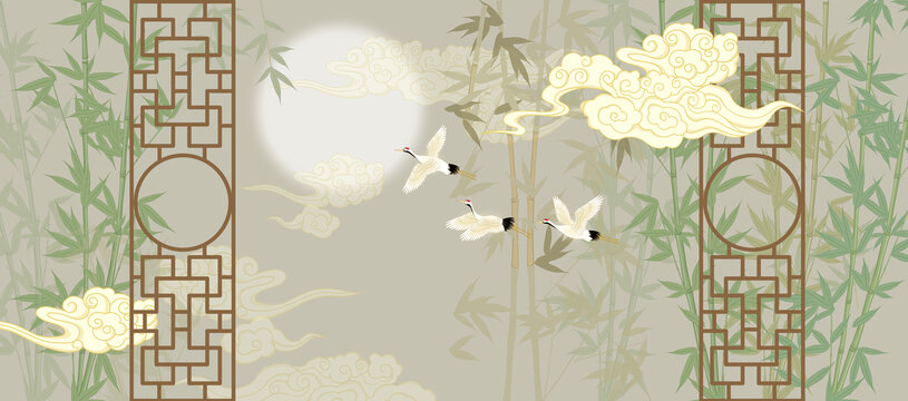 竹影仙鶴祥云中式背景