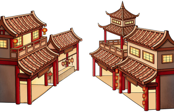 古建筑房子樓閣樓房街道兩邊房子