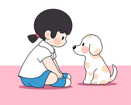 可愛手繪風(fēng)小女孩小狗小清新插畫