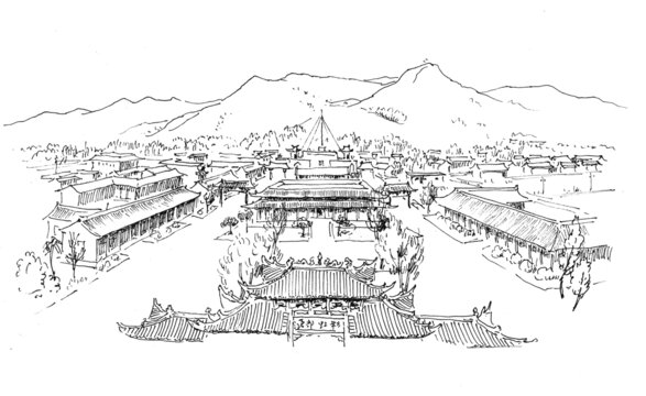 青海海東市互助土族故土園鋼筆畫(huà)